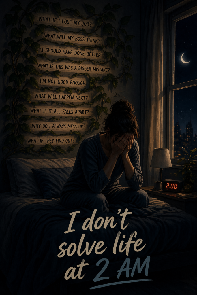 Woman sitting on bed at night, overwhelmed by overthinking with anxious thoughts written on the wall, 2 AM clock, can't sleep.