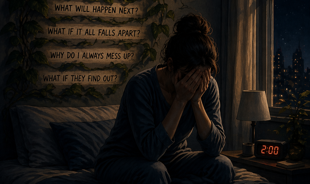 Woman sitting on bed at night, overwhelmed by overthinking with anxious thoughts written on the wall, 2 AM clock, can't sleep.