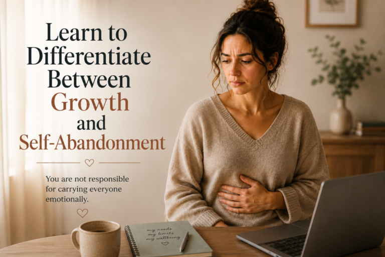 Woman sitting thoughtfully with her hand on her stomach, symbolizing emotional overload, people pleasing, and emotional responsibility.