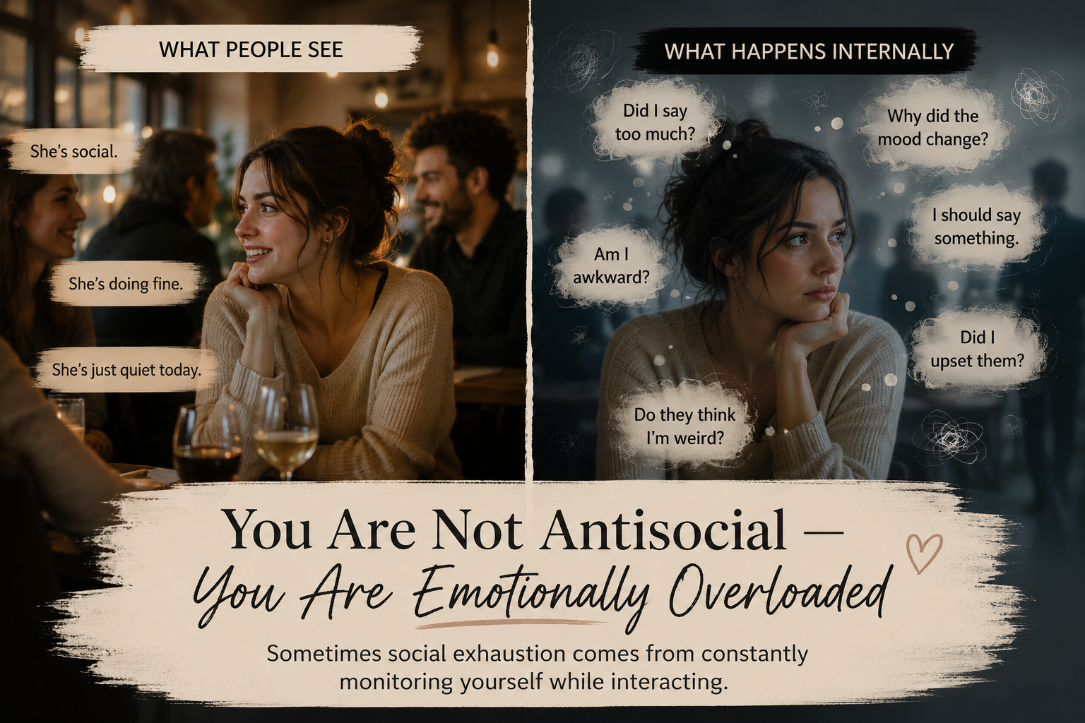 Woman socializing in a group while internally experiencing emotional overload, overthinking, and self-monitoring. Split visual showing the difference between external appearance and internal emotional exhaustion after social interactions.