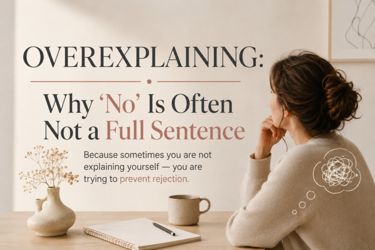 Minimalist editorial-style Pinterest graphic about overexplaining and emotional boundaries. The visual features the quote “Overexplaining: Why ‘No’ Is Often Not a Full Sentence” alongside a thoughtful female illustration and calm neutral aesthetic.