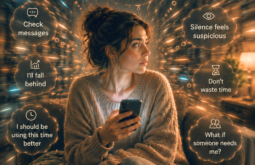 Woman holding a phone while surrounded by anxious thoughts about productivity, silence, and staying alert, representing nervous system overload and difficulty relaxing