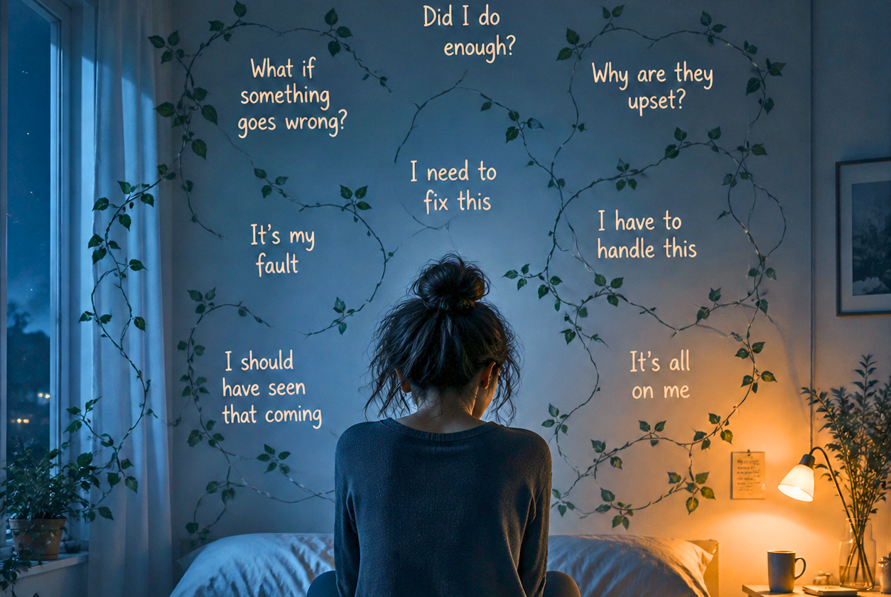 Woman sitting on a bed at night feeling overwhelmed and responsible for everything, representing emotional burden and overthinking