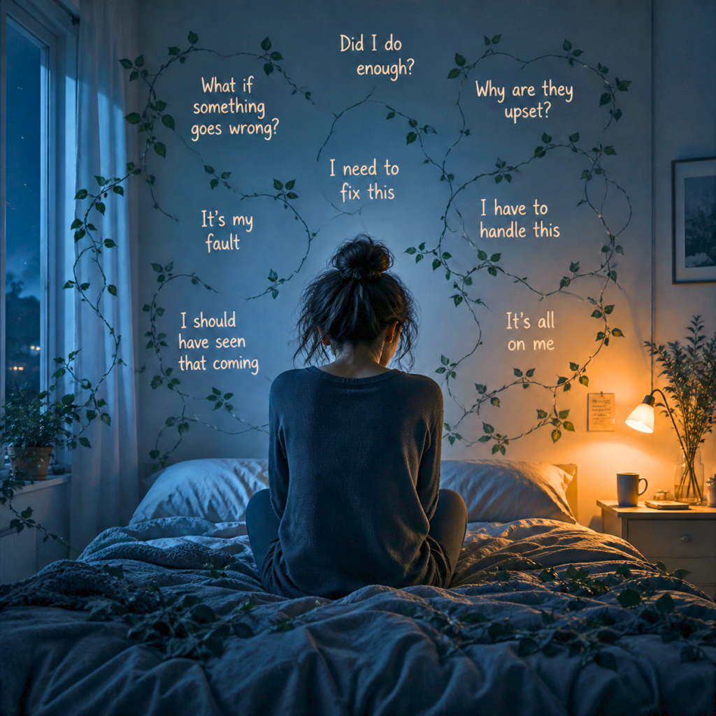 Woman sitting on a bed at night feeling overwhelmed and responsible for everything, representing emotional burden and overthinking
