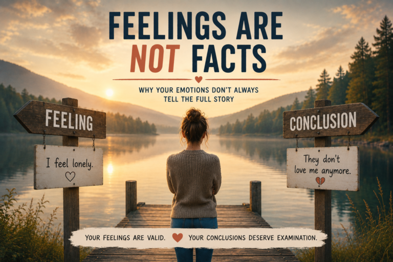 A woman standing on a lakeside pier between two wooden signs labeled “Feeling” and “Conclusion.” One sign reads “I feel rejected,” while the other reads “They don't love me anymore.” The image illustrates the difference between emotions and conclusions and the concept that feelings are not facts.