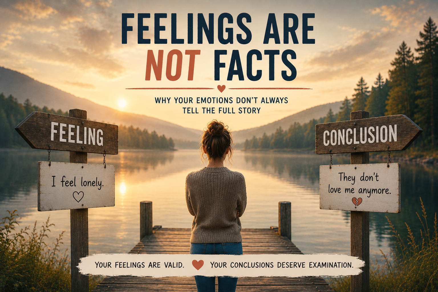 A woman standing on a lakeside pier between two wooden signs labeled “Feeling” and “Conclusion.” One sign reads “I feel rejected,” while the other reads “They don't love me anymore.” The image illustrates the difference between emotions and conclusions and the concept that feelings are not facts.
