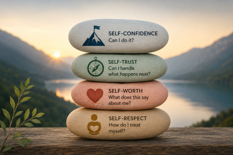 Stacked stones representing self-confidence, self-trust, self-worth, and self-respect, illustrating the foundations of personal growth and emotional wellbeing.