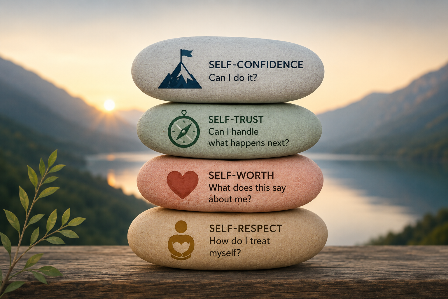 Stacked stones representing self-confidence, self-trust, self-worth, and self-respect, illustrating the foundations of personal growth and emotional wellbeing.
