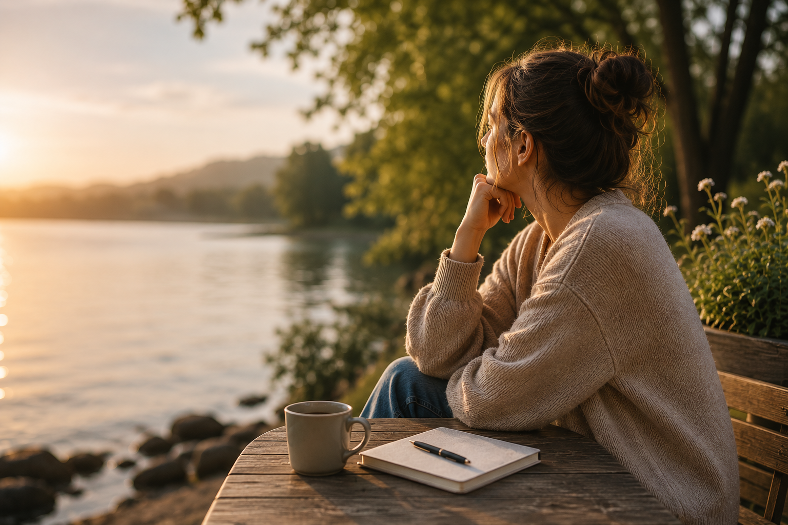 A thoughtful woman sitting by a lakeside at sunset, reflecting on her choices and personal growth.