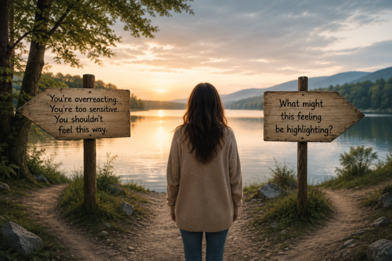 A woman standing by a lakeside between two signposts, reflecting on self-doubt and learning to trust her emotions instead of immediately questioning them.