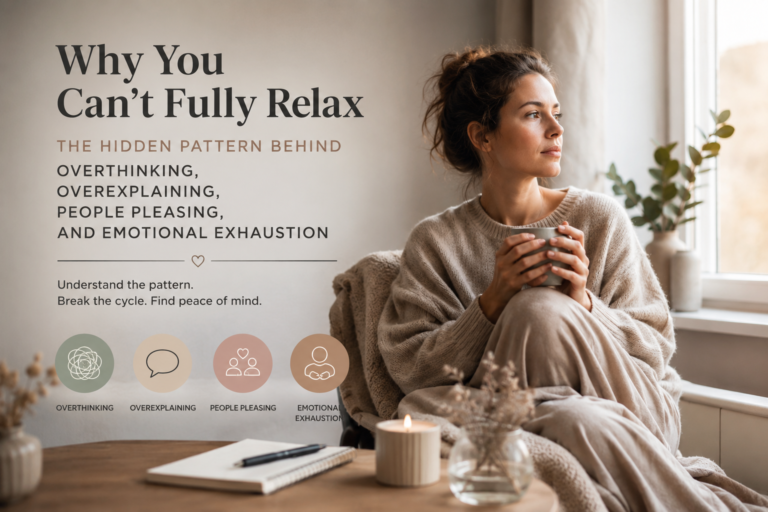 Woman sitting quietly by a window reflecting on the hidden pattern behind overthinking, overexplaining, people pleasing, and emotional exhaustion that makes it difficult to fully relax.