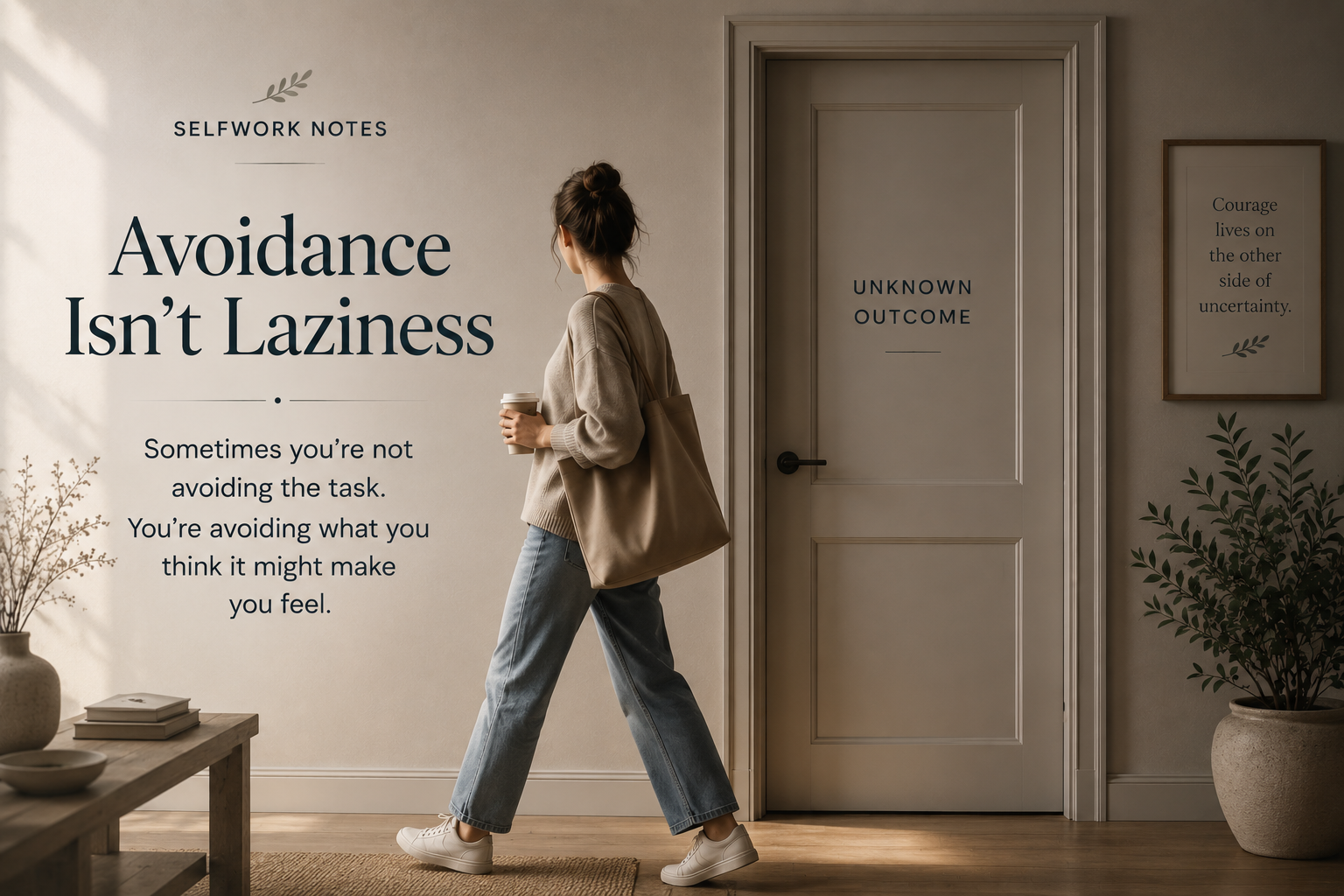 A woman walks past a closed door labeled "Unknown Story," illustrating how avoidance often means avoiding what we imagine we might feel rather than the situation itself.