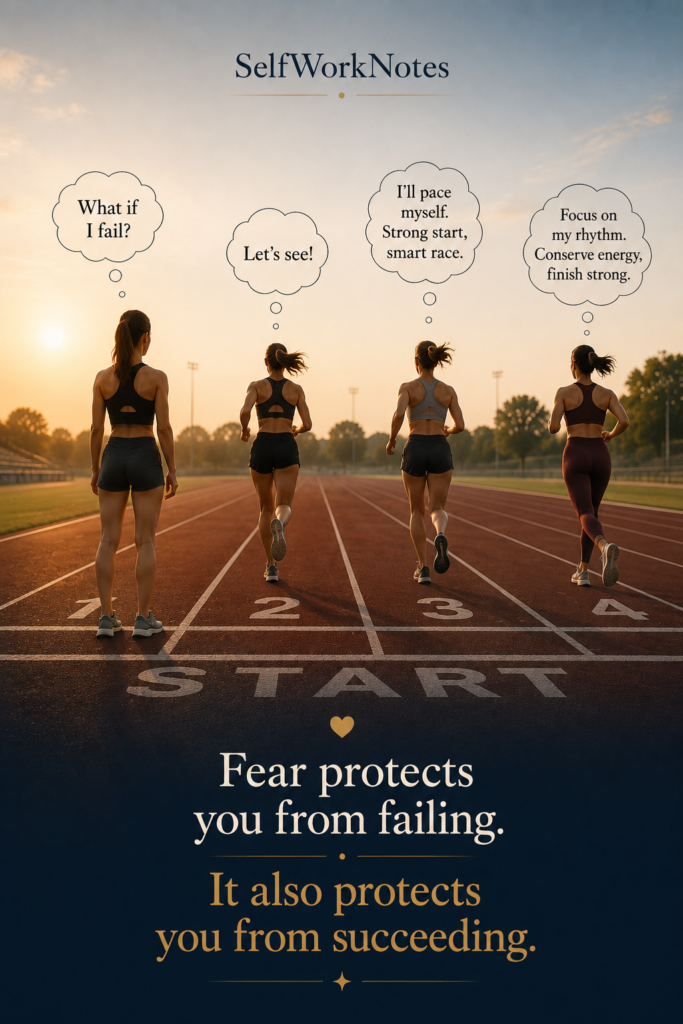 A graphic showing four women on a running track at the starting line. Three runners have already started running, while one woman remains at the start, thinking "What if I fail?" The other runners' thought bubbles reflect grounded, realistic mindsets. The image illustrates how fear of failure can prevent action before the race even begins.
