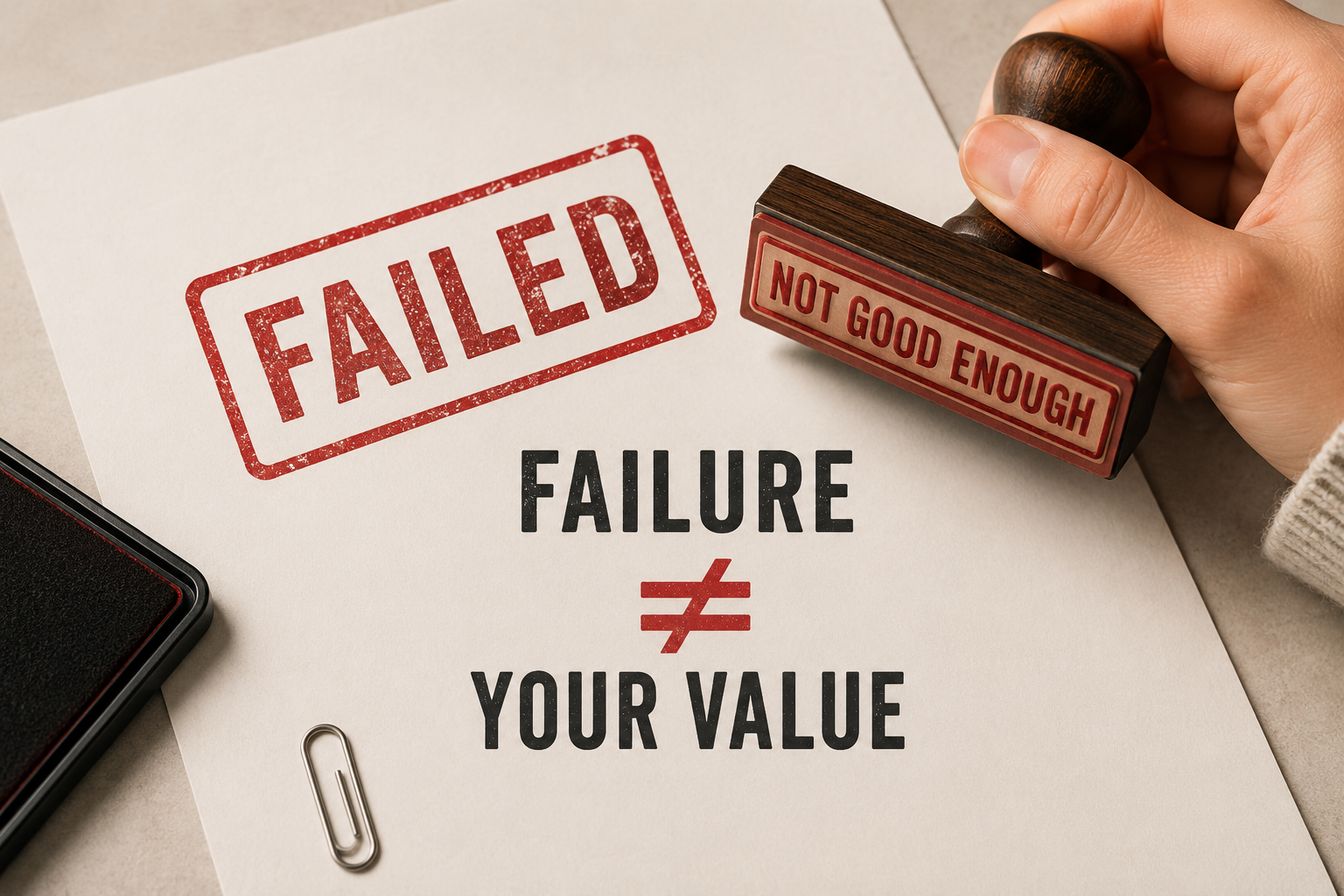 Minimalist psychology illustration showing a document stamped "FAILED" while a second stamp reading "NOT GOOD ENOUGH" is about to be pressed but hasn't touched the paper. The graphic highlights that failure is not the same as personal worth.
