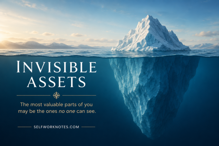 An iceberg floating in the ocean, symbolising invisible assets—the personal qualities, strengths and values that remain even when visible achievements or life circumstances change.
