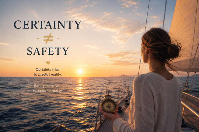 A woman stands on a sailboat in the open sea at sunset, holding a compass while looking toward the horizon. The illustration symbolizes the difference between certainty and safety, showing that emotional safety comes from learning to navigate uncertainty rather than eliminating it.