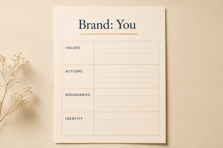 A minimalist personal branding exercise worksheet titled "Brand: You" with sections for Values, Actions, Boundaries and Identity, illustrating a personal brand exercise for building self-worth and personal identity.