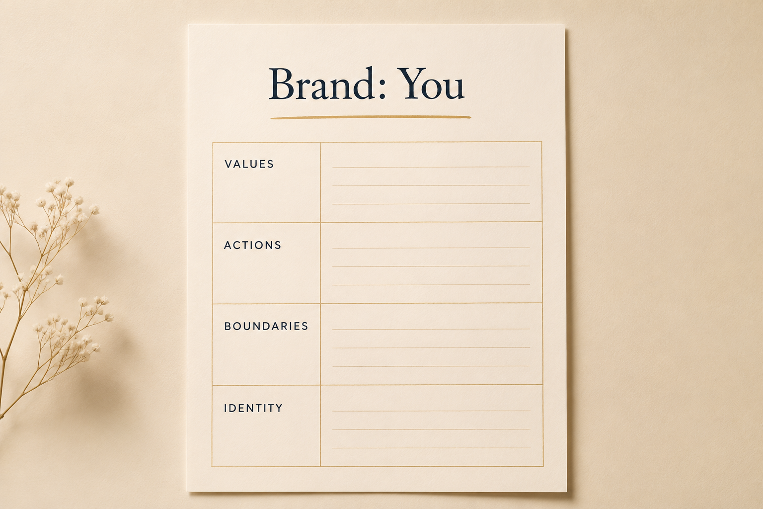 A minimalist personal branding exercise worksheet titled "Brand: You" with sections for Values, Actions, Boundaries and Identity, illustrating a personal brand exercise for building self-worth and personal identity.