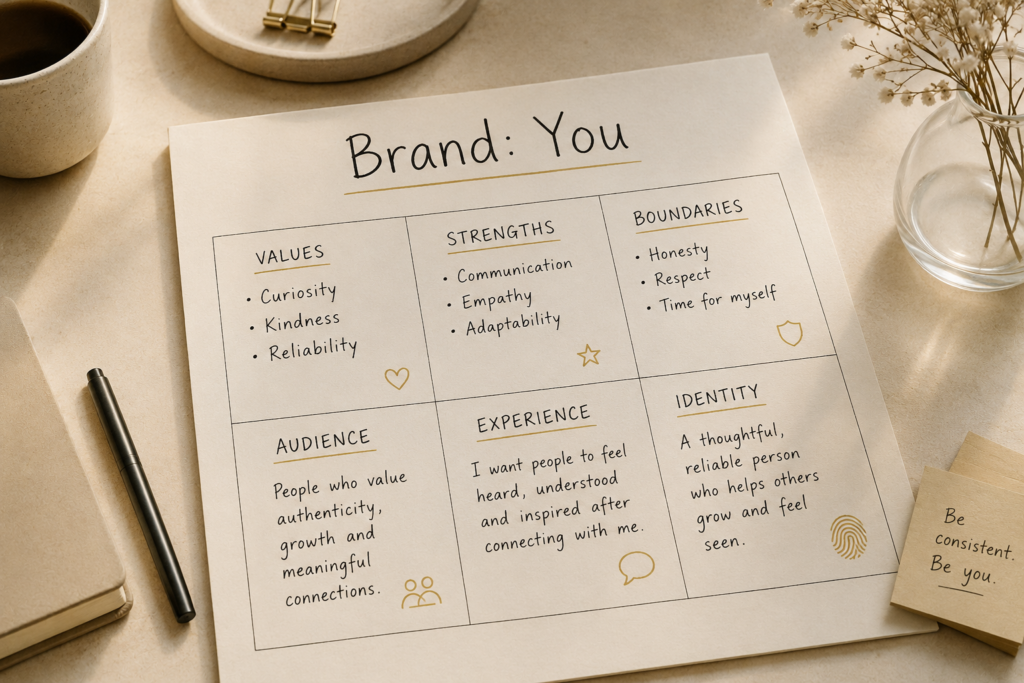 A minimalist personal branding exercise worksheet titled "Brand: You" with sections for Values, Actions, Boundaries and Identity, illustrating a personal brand exercise for building self-worth and personal identity.