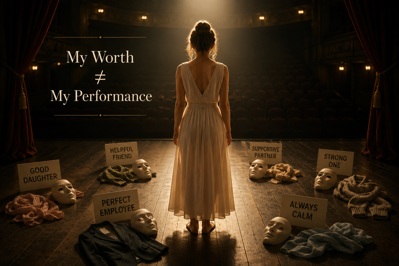 A woman stands alone on a dimly lit theatre stage surrounded by symbolic masks representing different social roles, illustrating the psychological concept that self-worth is not the same as performance.