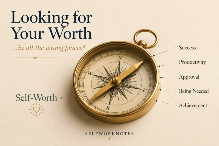 Elegant illustration of a compass symbolizing self-worth, showing how people often look for their value in achievement, productivity, approval, and being needed instead of within themselves.
