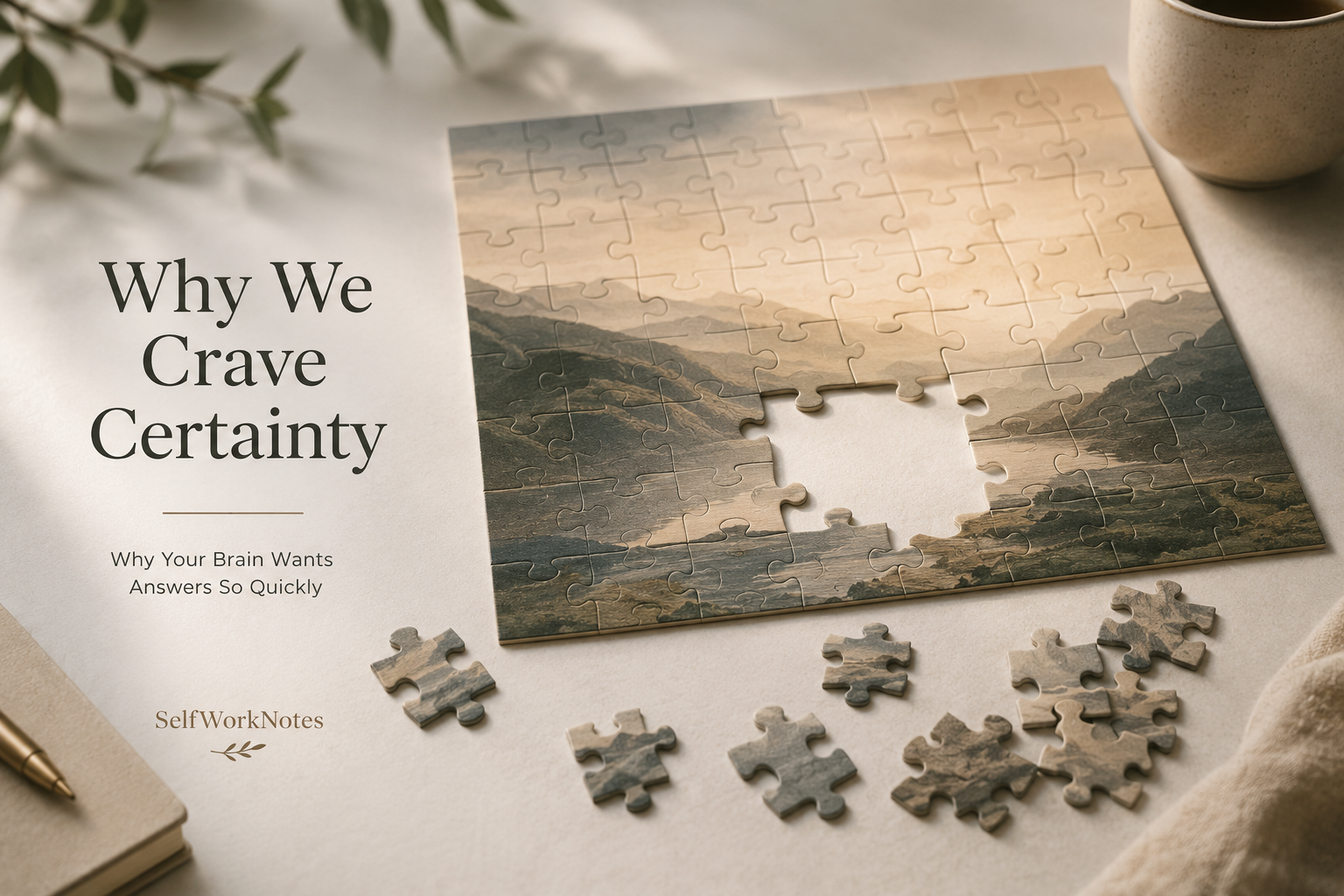 An unfinished jigsaw puzzle with several missing pieces, symbolizing the human brain's natural need for certainty when information is incomplete.