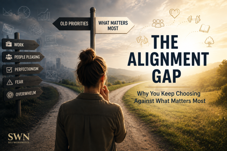 Conceptual illustration explaining why people feel they can't change, showing the SelfWorkNotes Alignment Gap model where repeated priorities gradually drift away from personal values.
