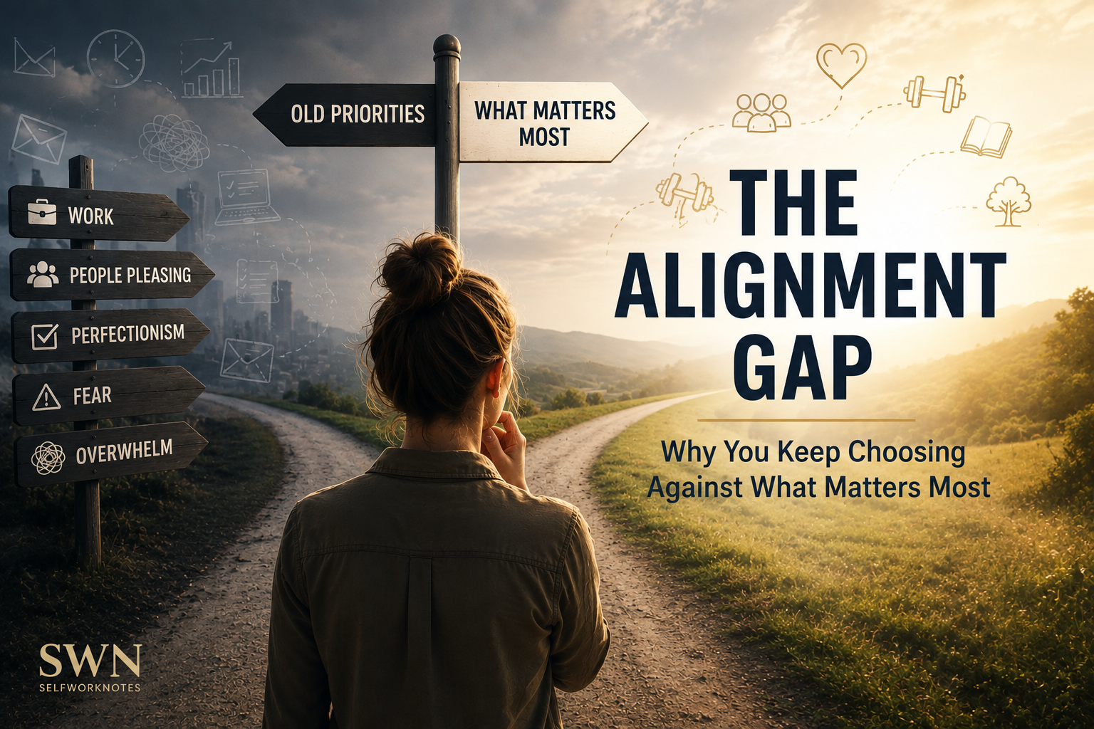 Conceptual illustration explaining why people feel they can't change, showing the SelfWorkNotes Alignment Gap model where repeated priorities gradually drift away from personal values.