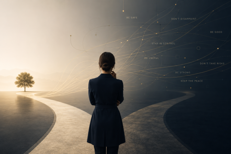 Woman standing at a crossroads surrounded by invisible rules and limiting beliefs