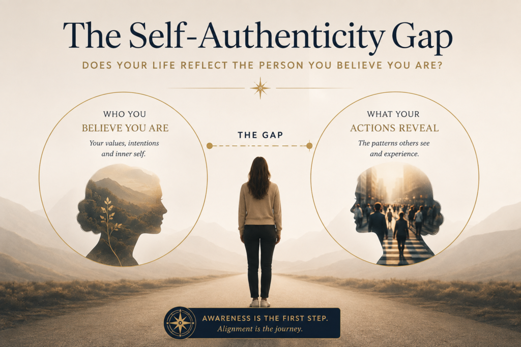 Illustration explaining the Self-Authenticity Gap, showing the difference between how we see ourselves internally and what our repeated actions reveal to others.