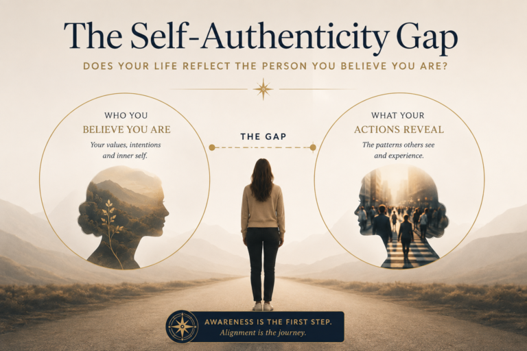 Illustration explaining the Self-Authenticity Gap, showing the difference between how we see ourselves internally and what our repeated actions reveal to others.
