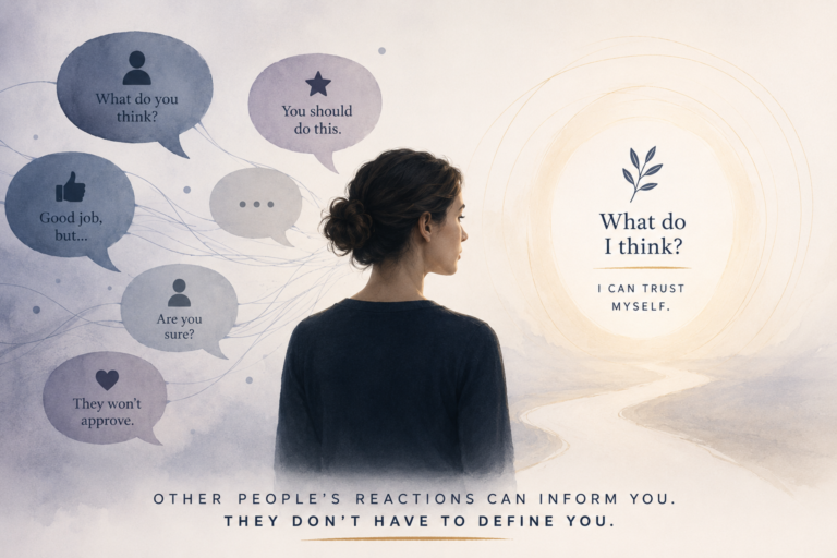 A person surrounded by external feedback, reflecting on the difference between seeking information and seeking validation.