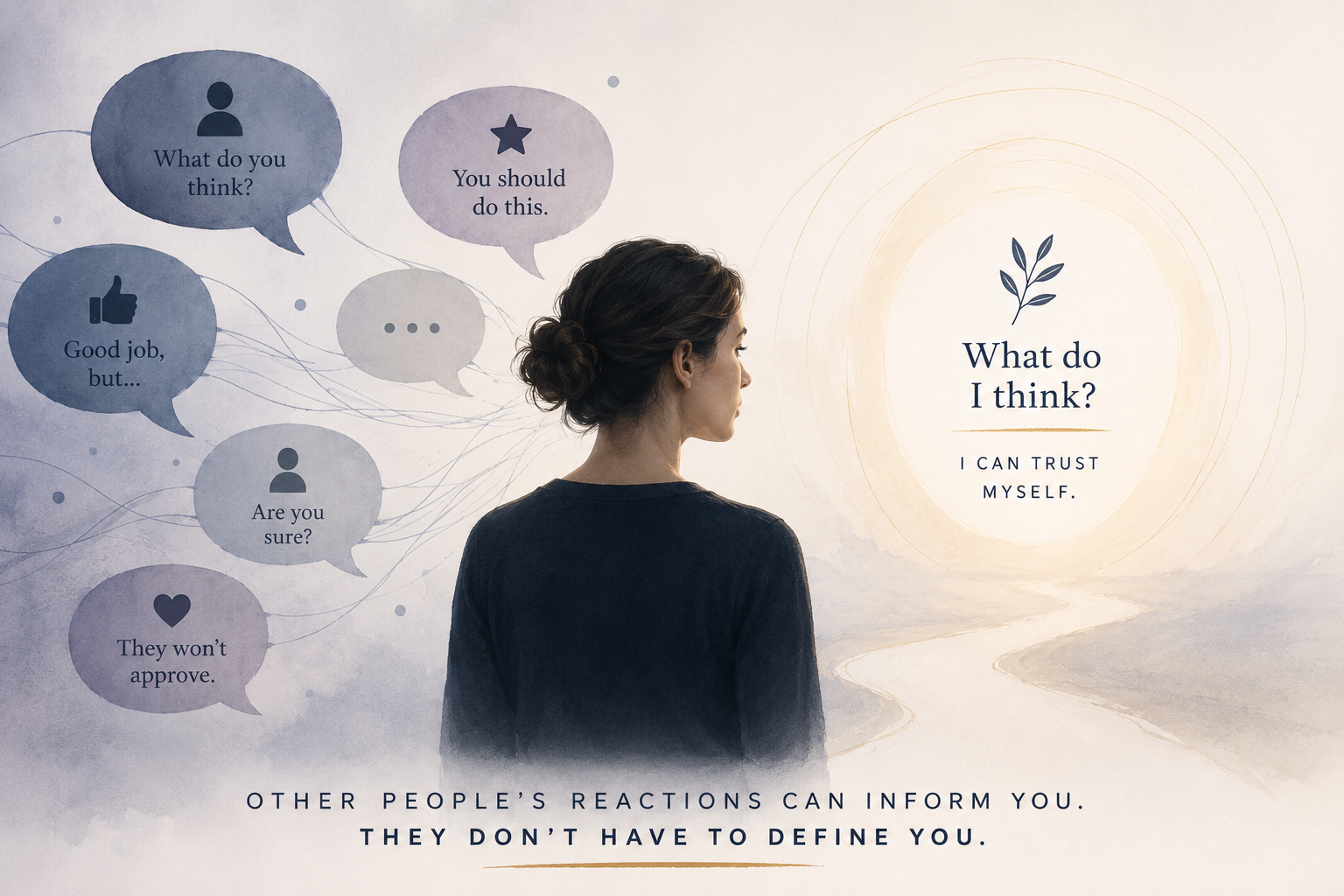 A person surrounded by external feedback, reflecting on the difference between seeking information and seeking validation.