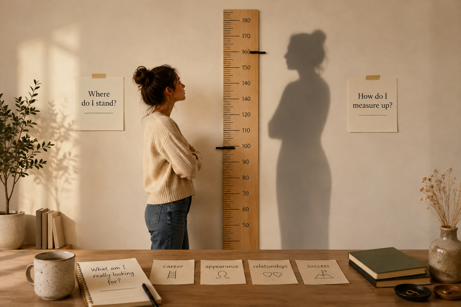 Woman standing beside a measuring scale and comparing herself to a taller shadow representing people's internal question "why do I compare myself to others"