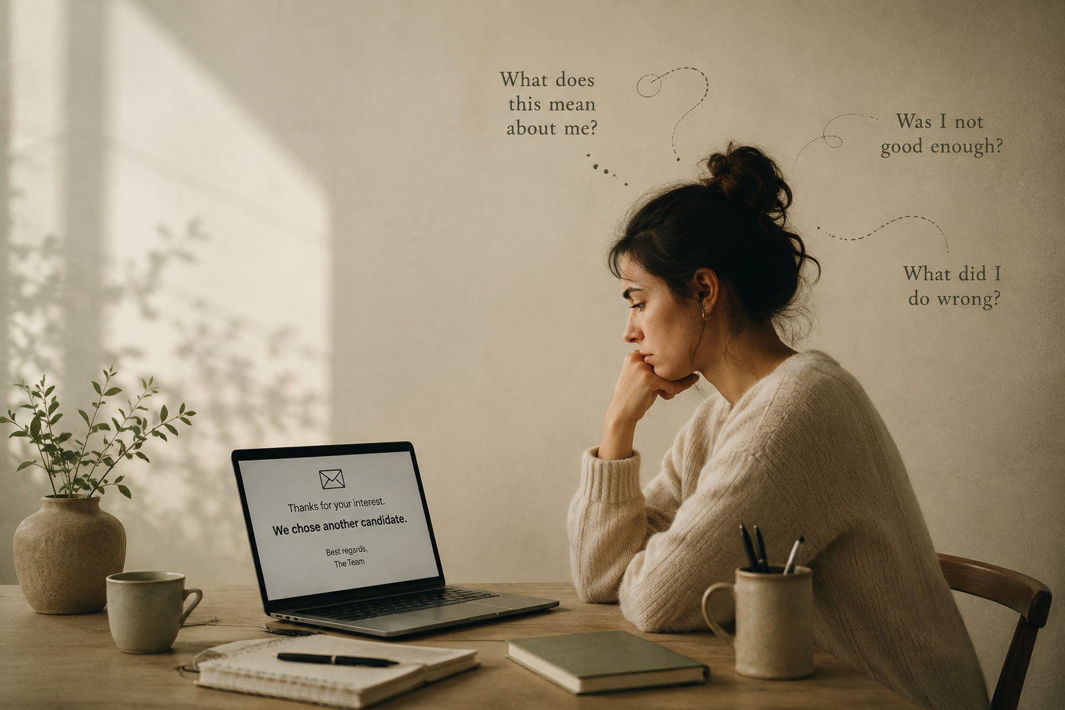 Woman reflecting on a rejection email and questioning why rejection feels so personal