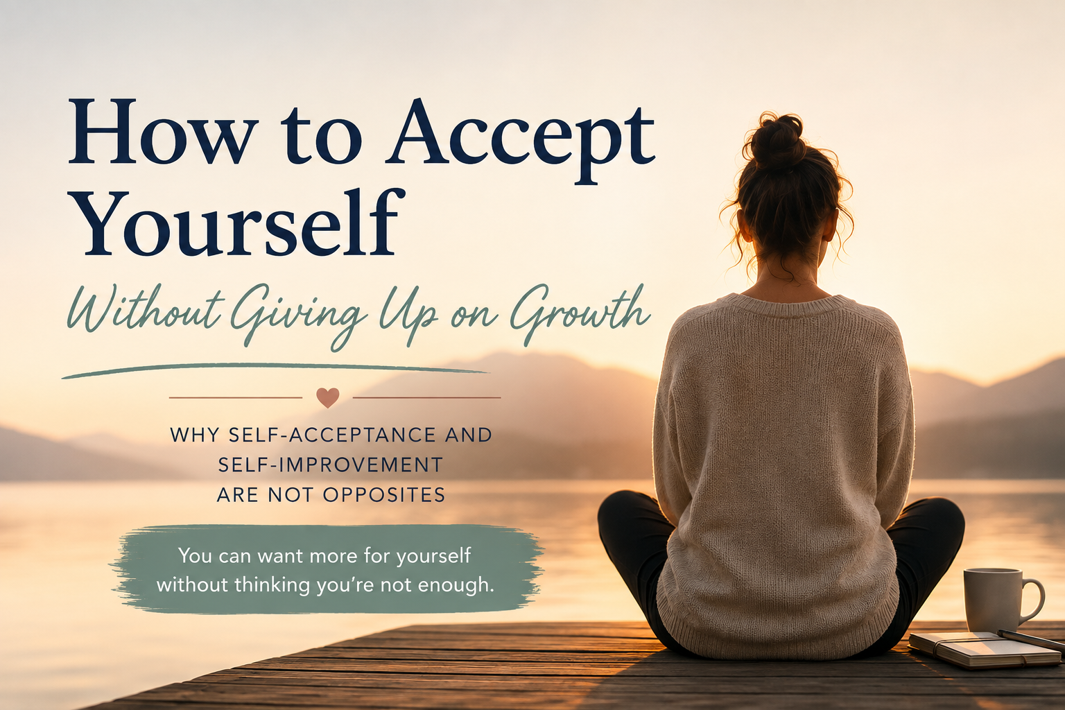 Woman sitting quietly by a lake with the words “How to Accept Yourself Without Giving Up on Growth”