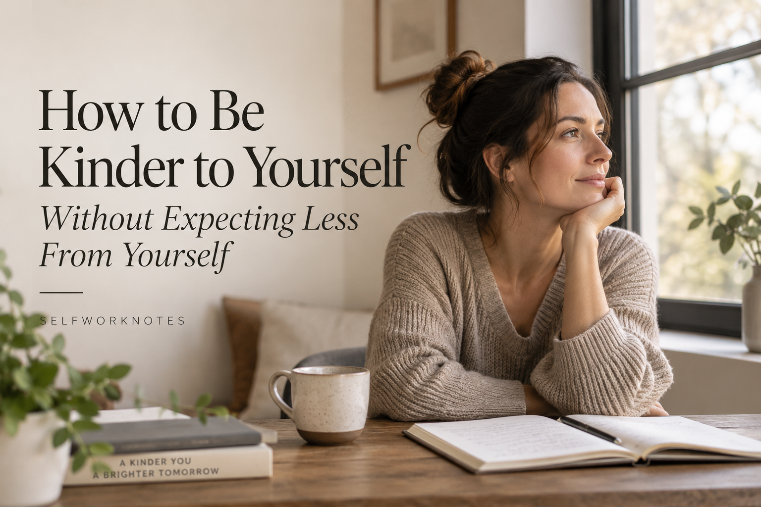Woman reflecting by a window at a desk while learning how to be kinder to yourself