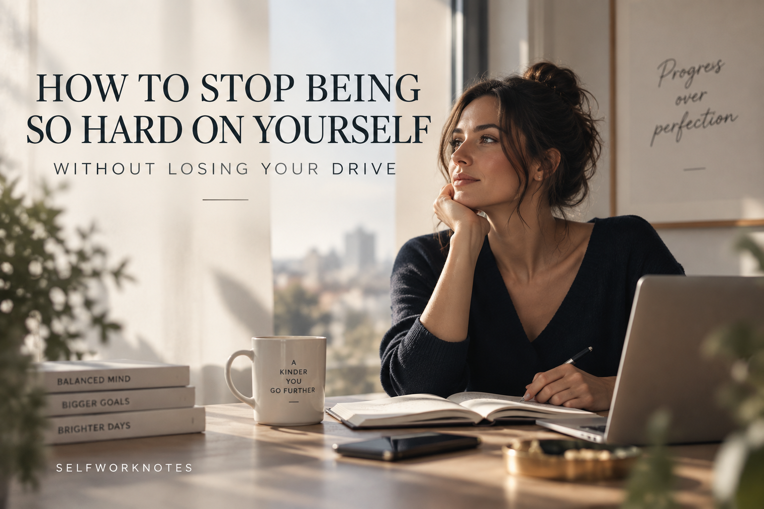 Woman reflecting at a desk with the text “How to Stop Being So Hard on Yourself Without Losing Your Drive”