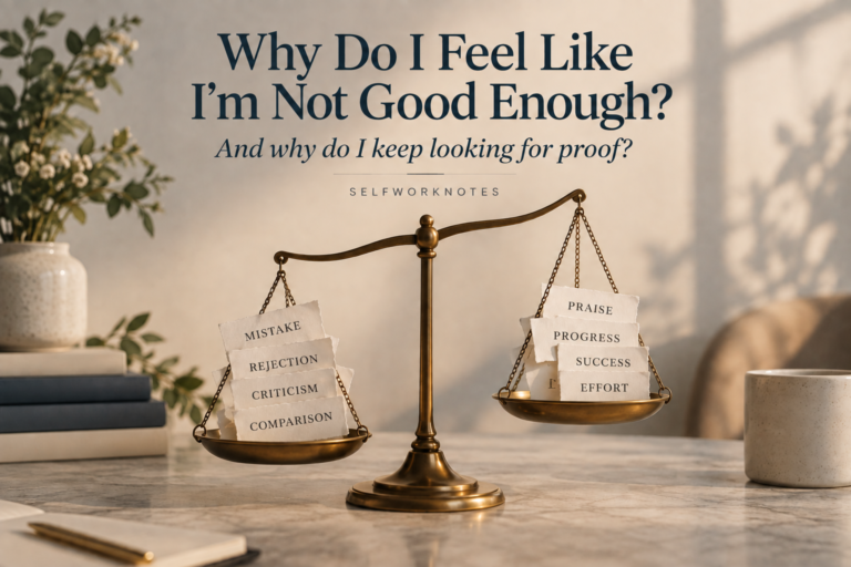 Brass balance scale weighing negative experiences against positive evidence, illustrating why do I feel like I’m not good enough