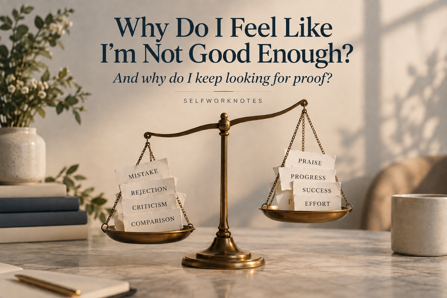 Brass balance scale weighing negative experiences against positive evidence, illustrating why do I feel like I’m not good enough