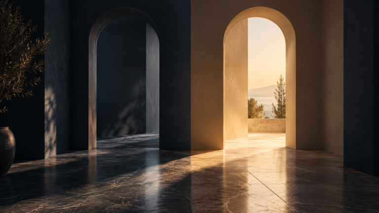 Two contrasting archways symbolizing uncertainty and decision-making, one dark and one illuminated by warm golden light, representing how to stop second-guessing yourself
