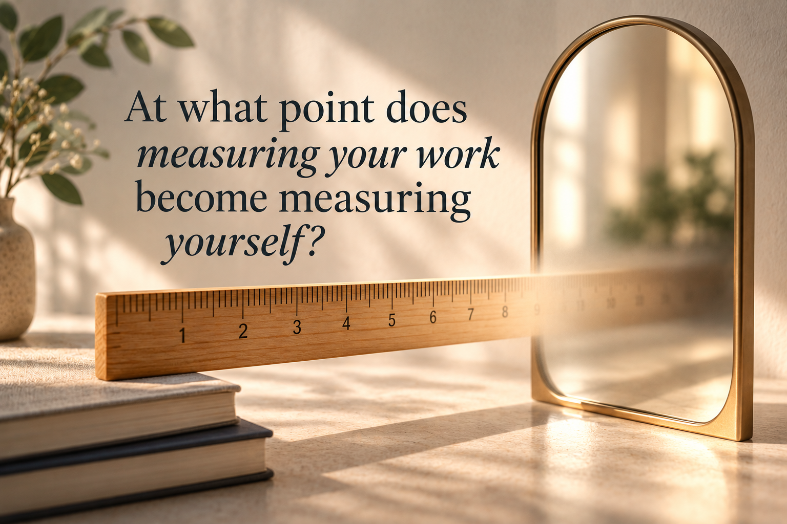 A measuring ruler blending into a mirror, symbolizing the connection between perfectionism and self-worth